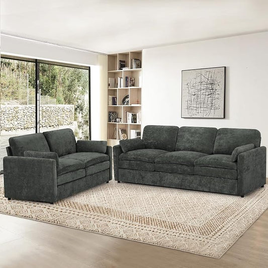 2 Pieces Chenille Sofa Set w/Two Throw Pillows, Upholstered Loveseat & 3 Seater Sofa w/Comfortable Back Cushions, Modern 2-Seat & 3-Seat w/High-Density Foam for Living Room, Apartment, Grey
