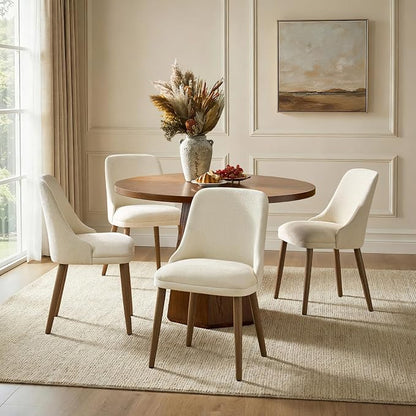 Upholstered Dining Chairs Set of 4, Fabric Dining Room Chairs with Curved Backrest, Solid Wood Legs, Modern Kitchen Chairs for Dining Room Living Room, Ivory