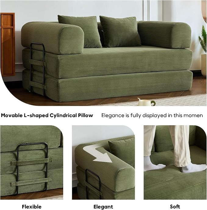 ZEIINPA 59“ Convertible Floor Sofa Bed, 5-in-1 Futon Sofa Bed Pull Out Sleeper Couch, Modern Corduroy Compressed Loveseat, Modular Boneless Couches for Living Room, No Assembly Required, Green