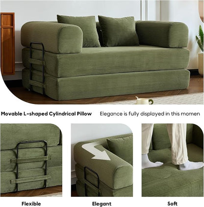 ZEIINPA 59“ Convertible Floor Sofa Bed, 5-in-1 Futon Sofa Bed Pull Out Sleeper Couch, Modern Corduroy Compressed Loveseat, Modular Boneless Couches for Living Room, No Assembly Required, Green