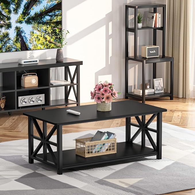 GreenForest Coffee Table for Living Room with Round Corners | Rustic Style Center Table with Storage Shelf,39 Inch X-Frame Sofa Table,Space Saving,Easy Assembly,Black