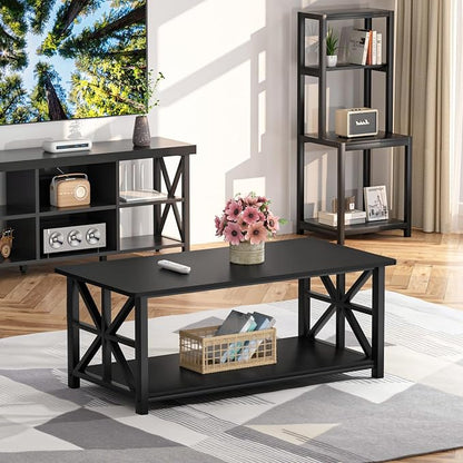 GreenForest Coffee Table for Living Room with Round Corners | Rustic Style Center Table with Storage Shelf,39 Inch X-Frame Sofa Table,Space Saving,Easy Assembly,Black
