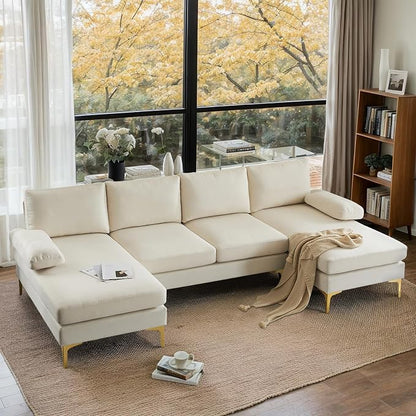 VINGLI 110" Modern Sectional Couch with 51" D Double Chaise, Beige Deep Seat U Shaped Couch with Removable Pillows & Metal Legs, Comfy 4-Seat Sofas for Living Room, Linen Fabric