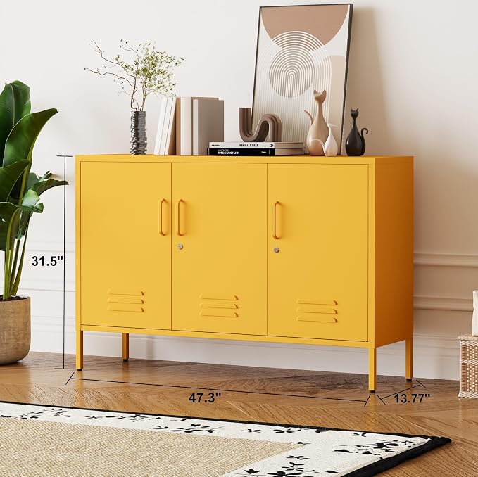 Yellow Metal Storage Cabinet 3 Door Wide Metal Storage Cabinet 2 Layer Adjustable Shelves 32 "H Wide Steel Lockable Storage Cabinet Multipurpose Metal Accent Cabinet for Office/Home/Dining