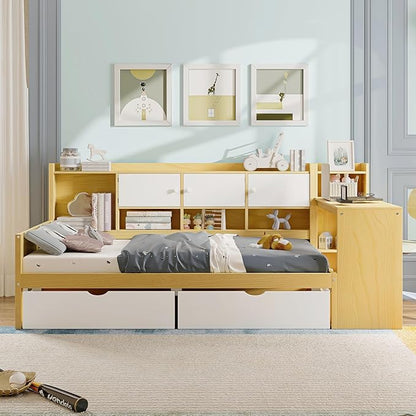 Bellemave Twin Corner Bed Frame, Twin Size Corner Beds with Storage Cabinets and Desk, Wood Daybed with Bookcase and Drawers, Natural+White