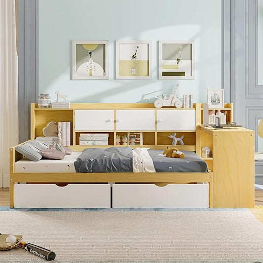 Bellemave Twin Corner Bed Frame, Twin Size Corner Beds with Storage Cabinets and Desk, Wood Daybed with Bookcase and Drawers, Natural+White