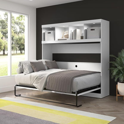 Bestar Full Size Horizontal Murphy Bed with Storage and Charging Station, 80-inch, for Bedroom or Guestroom, Pur Collection, Modern, White