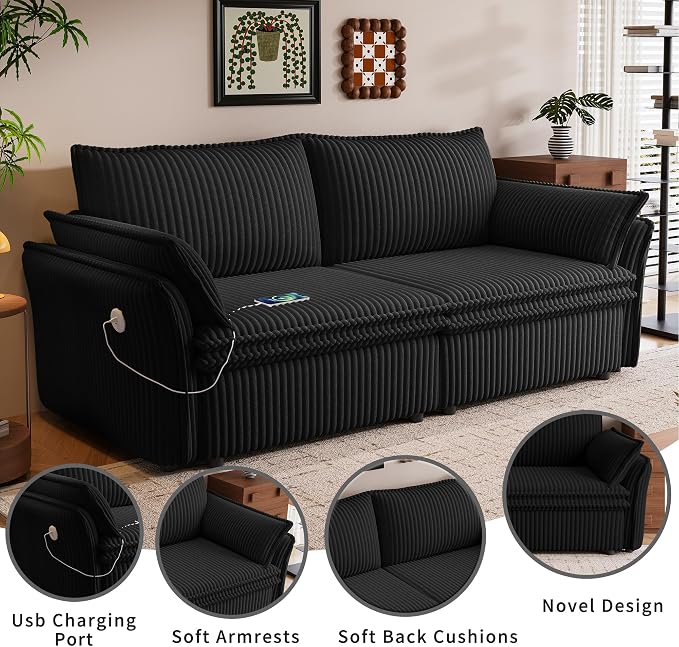 85'' Sofa Bed Full Size, Tool-Free Assembly, 3 in 1 Convertable Sleeper Sofa, Corduroy Couches with Pull Out Bed, USB & Storage, Modern Loveseat for Small Space, Living Room, Corduroy Black
