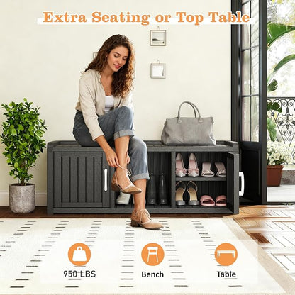 2-Tier Storage Bench, Waterproof UV-Resistant Outdoor Shoe Storage Cabinet with 2 Doors & Adjustable Shelves for Indoor Outdoor Entryway, Hallway, Living Room(Classic Black)