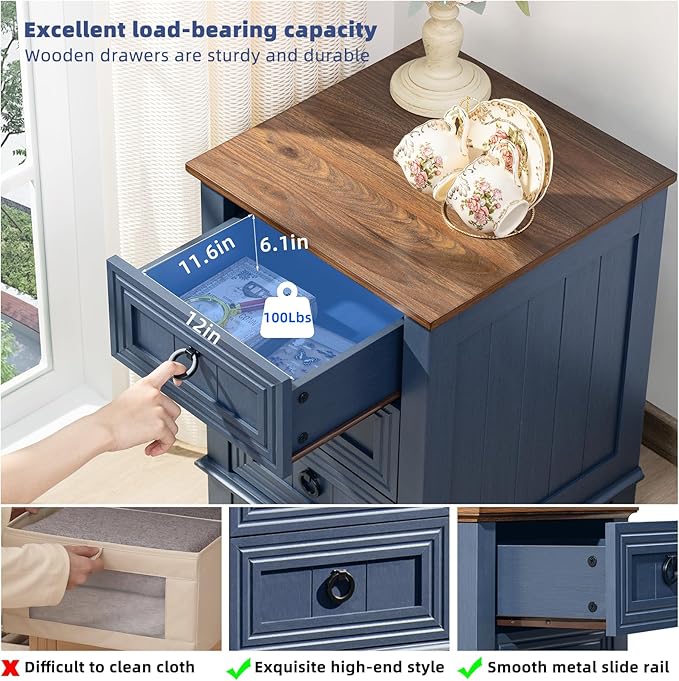 Joaxswe 18" Farmhouse Night Stand with 3 Drawers, Wood End Table Dresser for Bedroom, Navy Blue Nightstand, Bed Side Table with Metal Handle, Bedside Cabinet for Bedroom Living Room, Closet