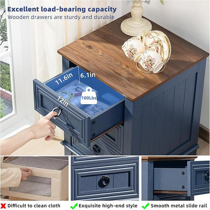 Joaxswe 18" Farmhouse Night Stand with 3 Drawers, Wood End Table Dresser for Bedroom, Navy Blue Nightstand, Bed Side Table with Metal Handle, Bedside Cabinet for Bedroom Living Room, Closet
