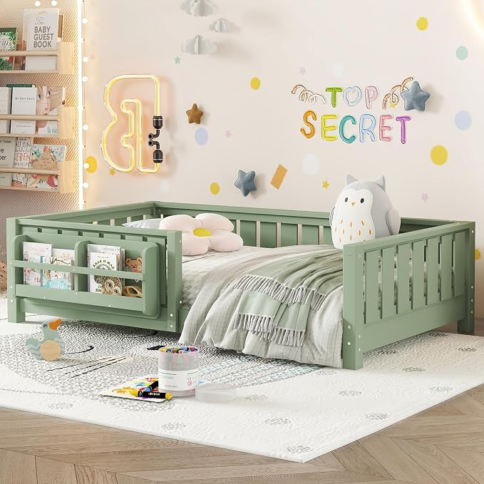 Bellemave Twin Floor Bed with Rails and Slats, Twin Size Montessori Floor Bed with Bookshelf and Fence, Easy Assemble Montessori Beds Frame for Girls, Boys, Avocado Green