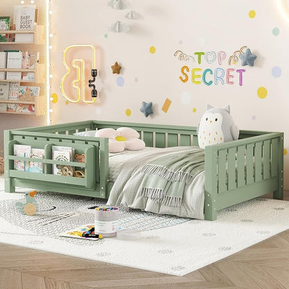 Bellemave Twin Floor Bed with Rails and Slats, Twin Size Montessori Floor Bed with Bookshelf and Fence, Easy Assemble Montessori Beds Frame for Girls, Boys, Avocado Green