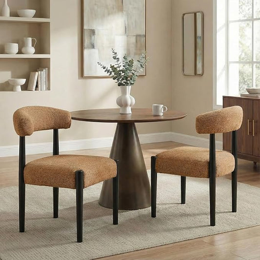VKNOW Wooden Dining Chairs Set of 2 with Black Rubberwood Legs, Orange | Soft Chenille Fabric, Curved Open Back, Thickened Cushion, For Adults and Family, Dining Room, Kitchen, No Wobble