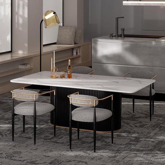 Morden Fort Modern Dining Table and Chairs Set for 4, 70" Black Dining Table with White Faux Marble Top and 4 Upholstered Chairs for Kitchen, Restaurant and Conference