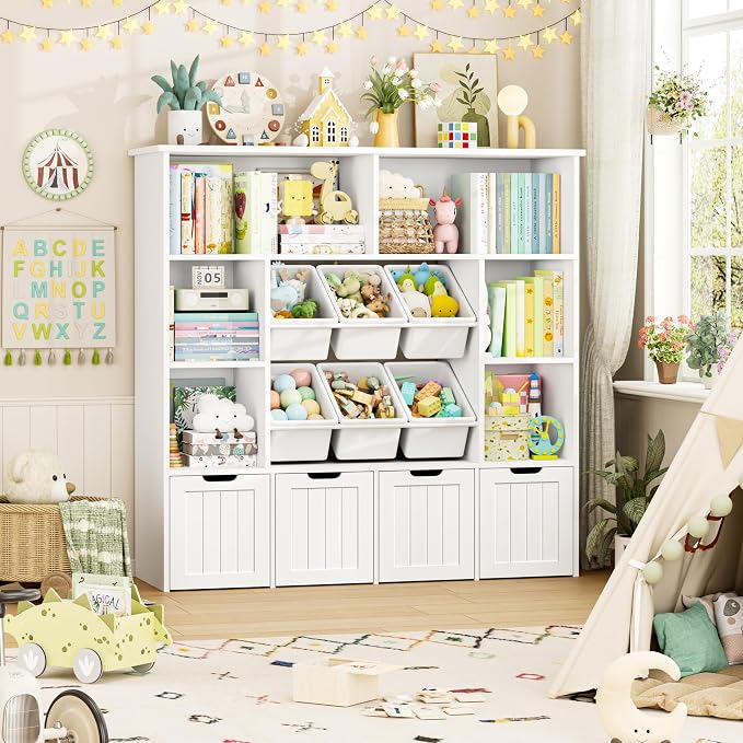 FINETONES Toy Storage Organizer with 6 Toy Bins, Large Toy Organizers and Storage with 4 Movable Drawers and 6 Storage Cubbies, Kids Toy Storage and Toy Chest for Playroom and Kids Room, White