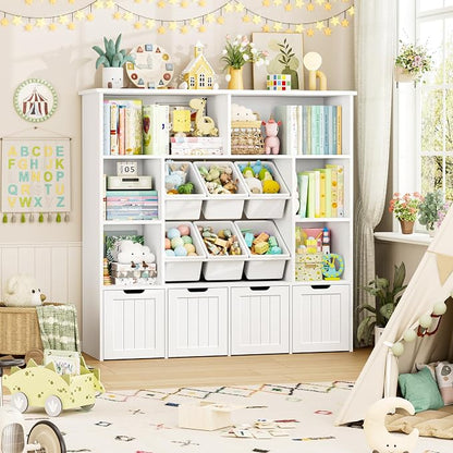 FINETONES Toy Storage Organizer with 6 Toy Bins, Large Toy Organizers and Storage with 4 Movable Drawers and 6 Storage Cubbies, Kids Toy Storage and Toy Chest for Playroom and Kids Room, White