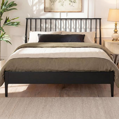 Merax Queen Size Solid Bamboo Wood Spindle Platform Queen Bed with 46.5" Tall Headboard, Bohemian Bed Frame with Wooden Slats and Metal Support, Mid-Century Modern Style, No Box Spring Needed, Black