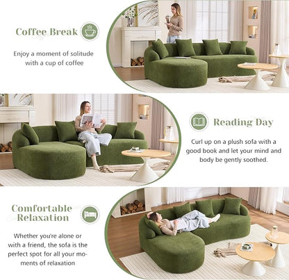 99" Curved Sofa with L-Shape Chaise,Modern Cloud Curved Couch with Deep Seat,No Assembly Required,Upholstered Oversized Couches for Living Room,Apartment (Green, 99Inch)