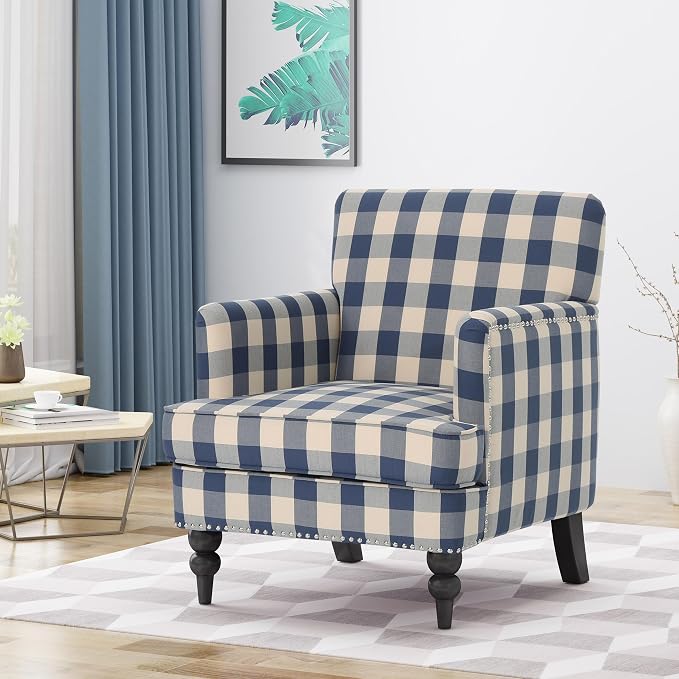 Christopher Knight Home Eve Modern Upholstered Club Chair, Wooden Living Room Accent Chair, Comfy Bedroom Reading Chair, Multifunctional Armchair, Blue Checkerboard
