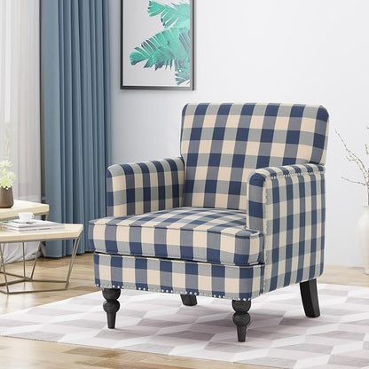 Christopher Knight Home Eve Modern Upholstered Club Chair, Wooden Living Room Accent Chair, Comfy Bedroom Reading Chair, Multifunctional Armchair, Blue Checkerboard