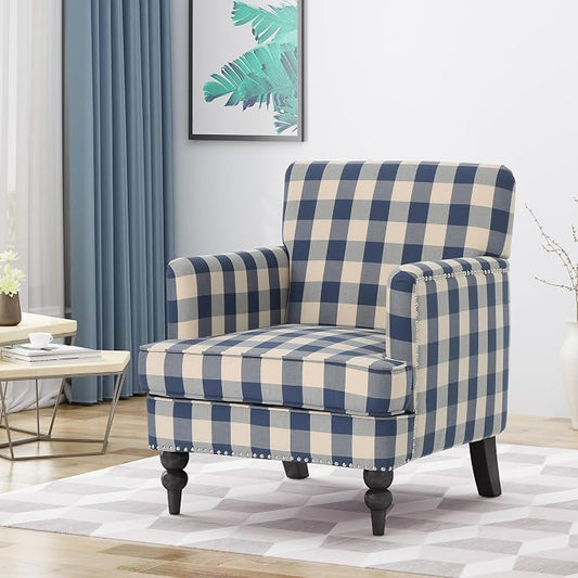 Christopher Knight Home Eve Modern Upholstered Club Chair, Wooden Living Room Accent Chair, Comfy Bedroom Reading Chair, Multifunctional Armchair, Blue Checkerboard