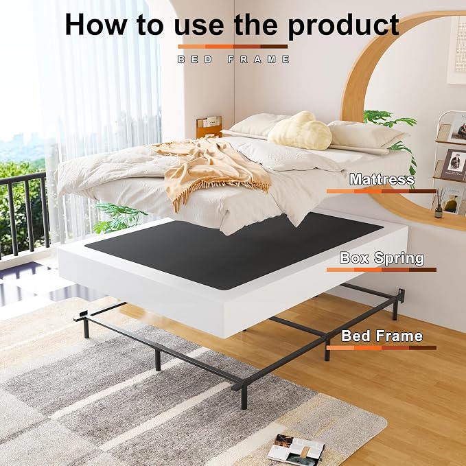 EMODA 9 Inch Full Size Box Spring Bed Base, 3000 LBS Heavy Duty Metal Mattress Foundation with Fabric Cover, Easy Assembly, Black