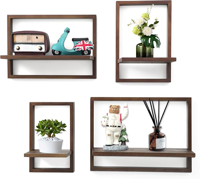 PHOENANCEE Square Floating Shelves,Framed Wall Shelf Decorative Set of 4,Modern Plants Hanging Display Art Decor Storage for Livingroom Bedroom Bathroom Farmhouse,Home Light Wood,Rustic Walnut