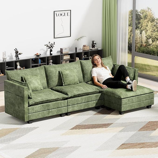 LEVELEVE 112.5" L-Shape Modular Sofa with 1 Ottomans, Deep Seat Cloud Convertible Sleeper, 3 Throw 2 Arm Pillows, Comfortable Upholstered Furniture for Living Room Apartment, Green