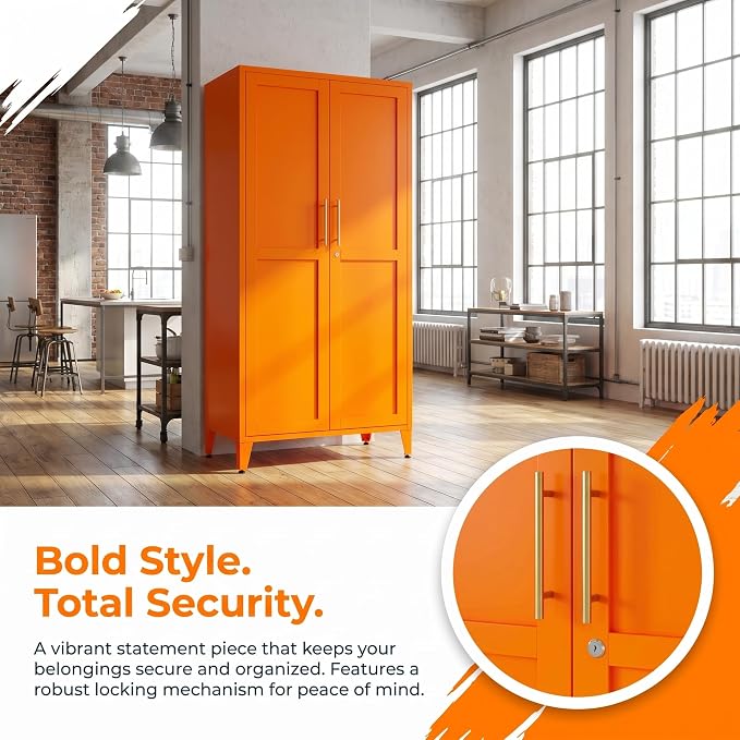 61" Tall Farmhouse Metal Storage Cabinet, Kitchen Pantry Storage Cabinets with 2 Barn Door and 3 Adjustable Shelves, for Home, Office, Kitchen, Laundry Room, Kids Room, Entryway, Orange