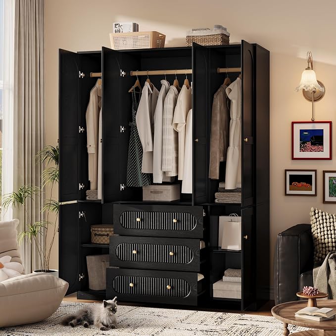 TOKSOM 4 Doors Freestanding Armoire Wardrobe Closet, 72" Black Wardrobe Armoire Wooden Closet Large Capacity Storage with 3 Drawers & 3 Hanging Rod Shelves Clothes Organizer
