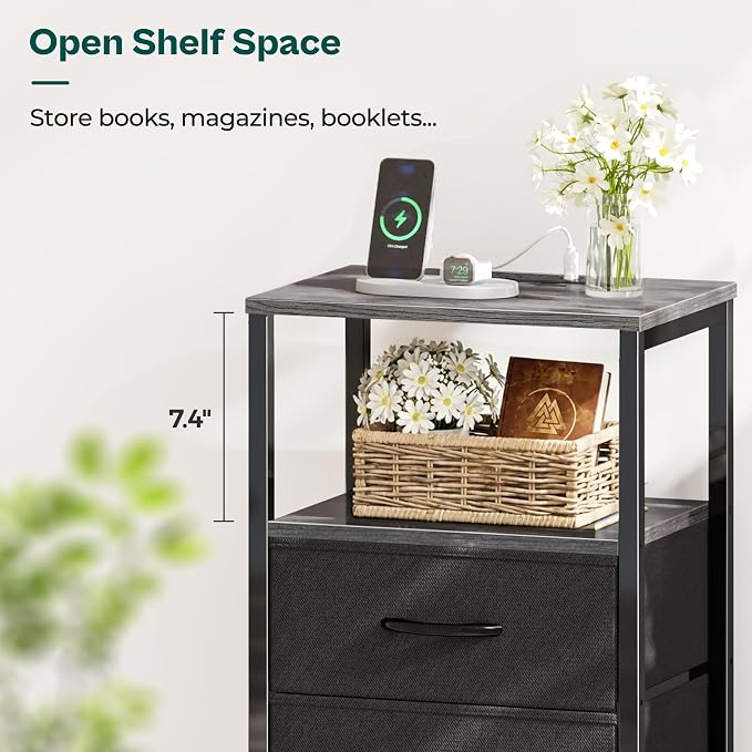 Huuger Nightstand with Charging Station, Side Table with Fabric Drawers, End Table with Open Shelf, Bedside Table with USB Ports and Outlets, Night Stand for Bedroom, Charcoal Gray