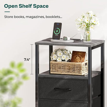 Huuger Nightstands Set of 2, End Tables with Charging Station, Side Tables with Fabric Drawers, Bedside Tables with USB Ports and Outlets, Night Stands for Bedroom, Charcoal Gray