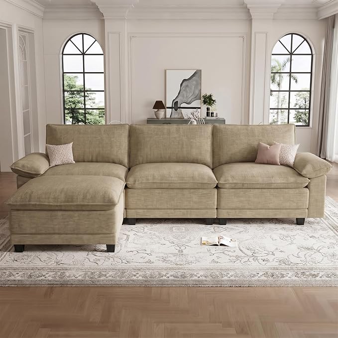Modern L Shaped Sofa Couches for Living Room, Modular Sectional Cloud Couch with Movable Ottoman, Comfy Chenille Sofa for Apartment and Small Space, Light Yellow