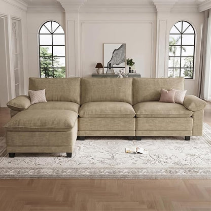 Modern L Shaped Sofa Couches for Living Room, Modular Sectional Cloud Couch with Movable Ottoman, Comfy Chenille Sofa for Apartment and Small Space, Light Yellow