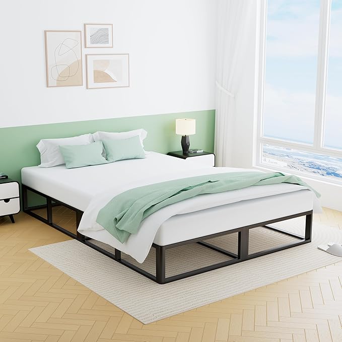 VIPSHOW 10 Inch California King Metal Bed Frame Round Corner Low Platform Bed Frames 3000 LBS Heavy Duty Steel Slats Support Mattress Foundation No Box Spring Needed, Noise Free, Easy Assembly, Black