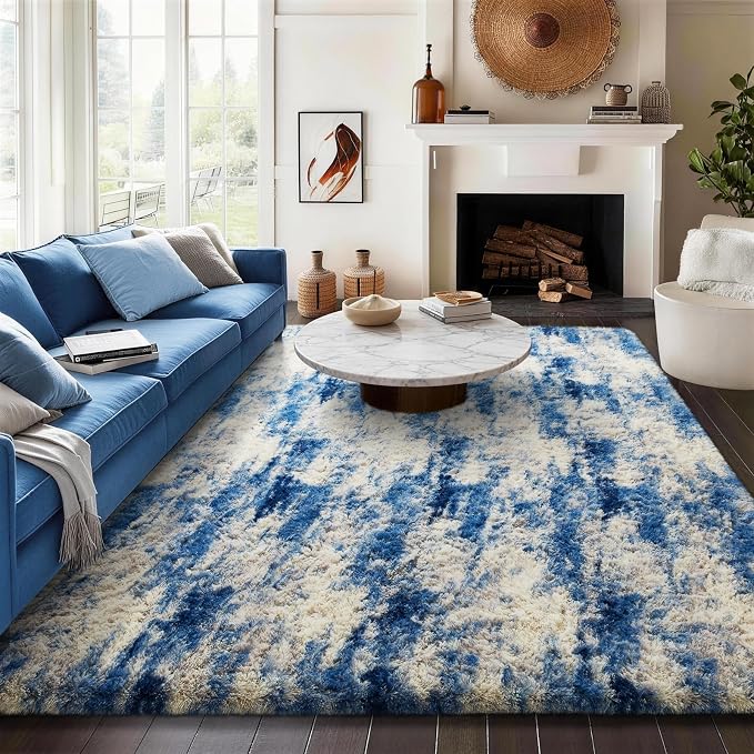 Ophanie 8x10 Blue and Gray Area Rugs for Living Room,Large Navy Grey White Fluffy Shag Fuzzy Plush Soft Carpets,Floor Shaggy Rugs for Bedroom,Carpet for Kids Dorm Decor with Over 99 pcs Pile fibers