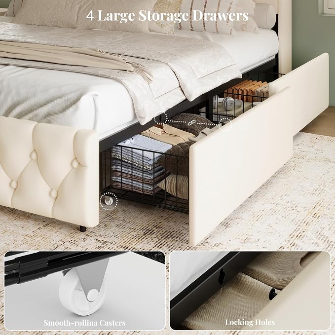 King Size Bed Frame and Headboard & 4 Storage Drawers, Upholstered Platform Bed Frame with RGB LED Lights & Charging Station, No Box Spring Needed, Easy Assembly, Noise-Free, Beige
