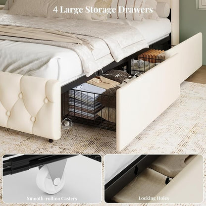 King Size Bed Frame and Headboard & 4 Storage Drawers, Upholstered Platform Bed Frame with RGB LED Lights & Charging Station, No Box Spring Needed, Easy Assembly, Noise-Free, Beige