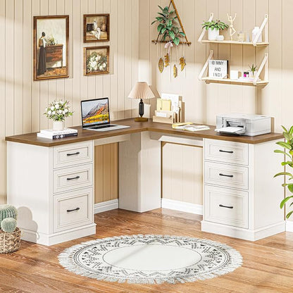 Vabches Farmhouse 59" L-Shaped Executive Desk with File Drawers, Wood Corner Sturdy Writing Workstation with Storage Drawers, Rustic Computer Writing Desk for Home Office & Study. Unique White