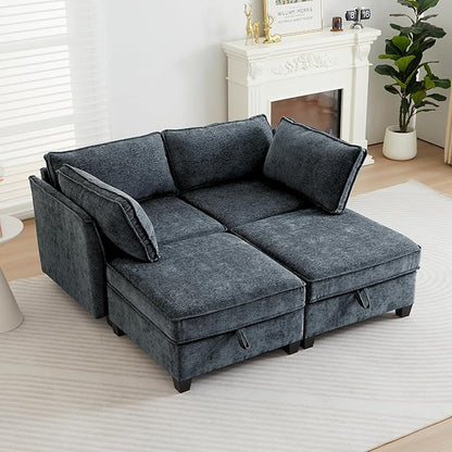 ORRD Sleeper Modular Sectional Sofa Set, Convertible Couch Bed with Storage, 4 Seater and 2 Armrestes Sofa Modular for Living Room, Office (Blue Grey)