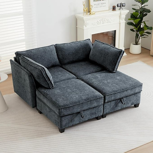 ORRD Sleeper Modular Sectional Sofa Set, Convertible Couch Bed with Storage, 4 Seater and 2 Armrestes Sofa Modular for Living Room, Office (Blue Grey)
