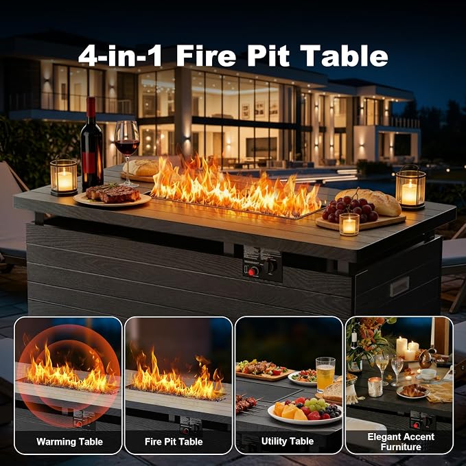 51 Inch Outdoor Propane Fire Pit Table, 50000 BTU Rectangular Propane Fire Pit with Steel Tabletop & Sliding Tank Holder, 4-in-1 Gas FirePit Table with Blue Glass Stones for Patio, Backyard