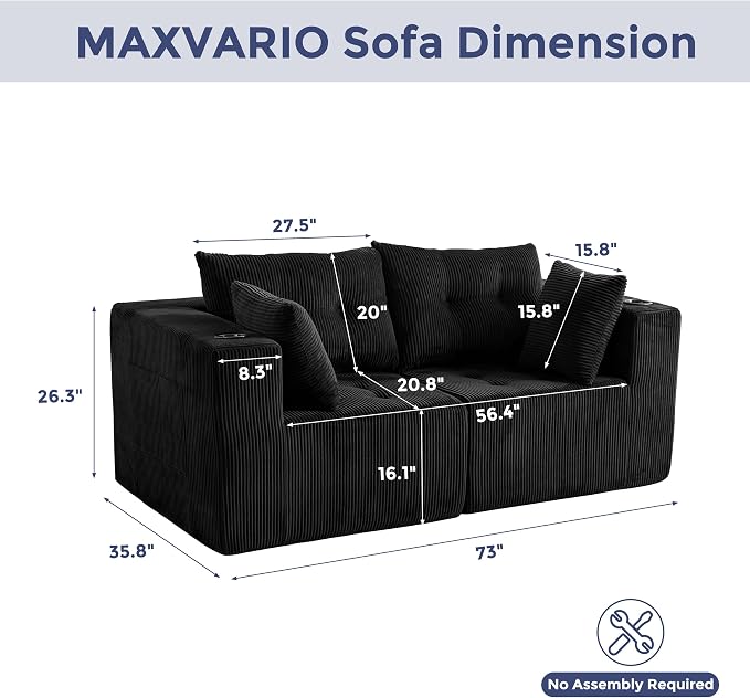 MAXYOYO Modular Sectional Sofa Couch, Loveseat Boneless Cloud Couch for Living Room, Sofa in A Box, Tufted Upholstered Cozy Chair with Cup Holders, No Assembly Required, Black