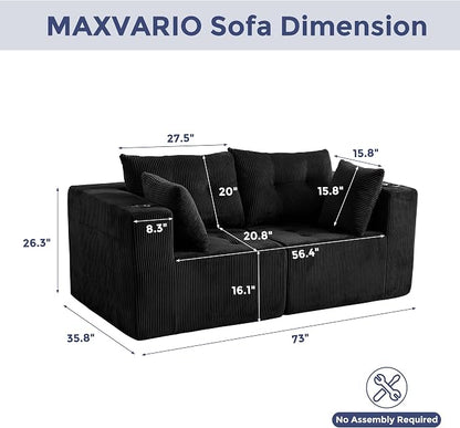MAXYOYO Modular Sectional Sofa Couch, Loveseat Boneless Cloud Couch for Living Room, Sofa in A Box, Tufted Upholstered Cozy Chair with Cup Holders, No Assembly Required, Black