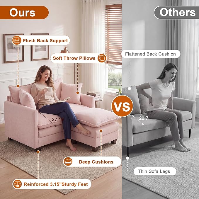 50'' L-Shape Loveseat Sofa with 22" Ottoman, 2 Seat Modern Cloud Couch with 2 Washable Pillows for Small Space Apartment Office Living Room Bedroom, Pink