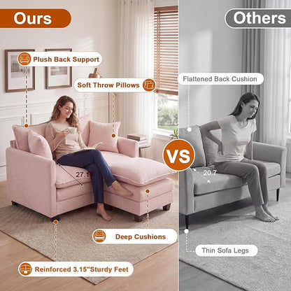 50'' L-Shape Loveseat Sofa with 22" Ottoman, 2 Seat Modern Cloud Couch with 2 Washable Pillows for Small Space Apartment Office Living Room Bedroom, Pink
