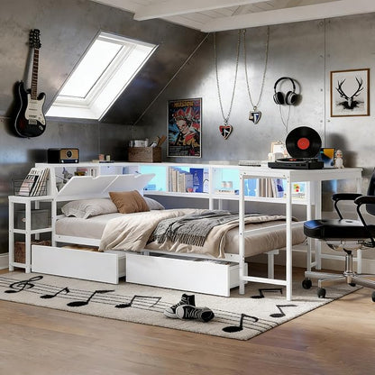 Bellemave Queen Size Corner Bed Frame with Storage Drawers, Bookcase and Side Desk, Queen Corner Bed with Light and Charging Station, Daybed for Bedroom, Living Room, Guest Room White