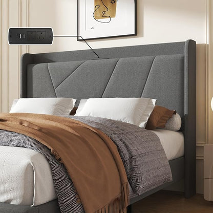Full Size Linen Bed Frame, Storage Headboard with Charging Station, Upholstered Platform Bed with Wooden Slats Support, Solid and Stable, Noise Free, No Box Spring Needed, Easy Assembly, Gray