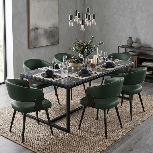 Dining Chairs Set of 6, Modern Upholstered Faux Leather Kitchen Chairs with Curved Back, Easy to Assemble & Clean for Dining Room, Restaurant, Cafe, Green